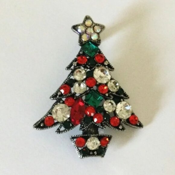 Vintage Jewelry - Reserved - Vtg Christmas Tree Brooch Antique Silver-tone AB, Rhinestones